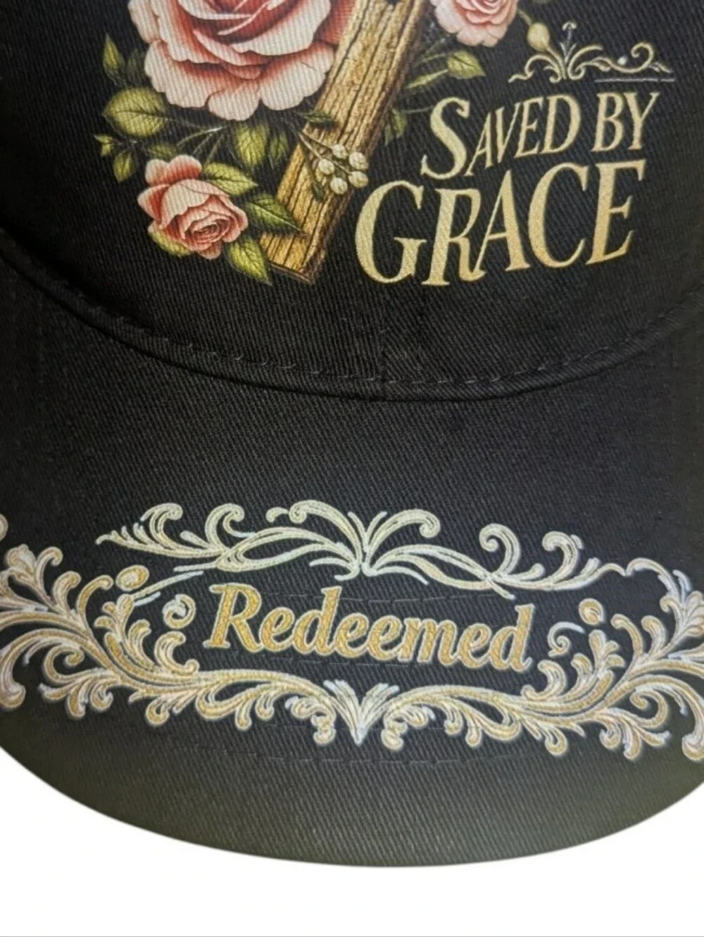 NEW Saved By Grace Redeemed Black Baseball Cap O/S Adjustable Hat Cross Floral